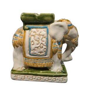 Vintage 1970s Asian Elephant Pottery Enamel Ornate Ashtray Multicolor